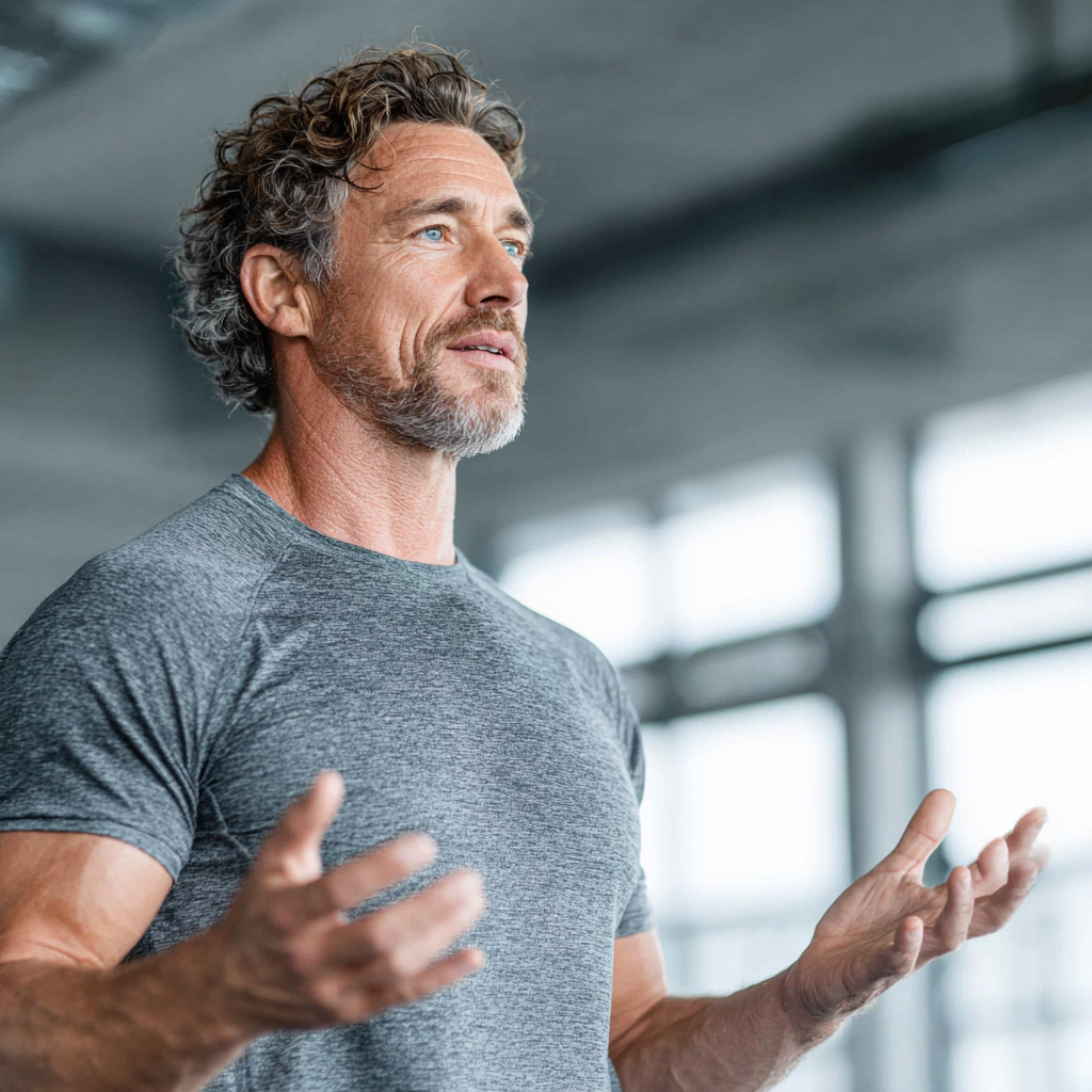 Professional male fitness trainer in his early 50s demonstrating proper exercise form in a bright, modern fitness studio, wearing athletic clothing and maintaining good posture while explaining movement techniques